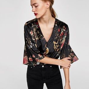 Zara Accessories Black Velvet and Floral Bodysuit